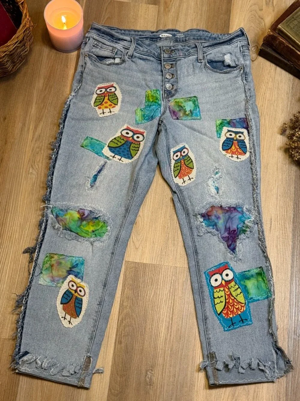 Upcycled Owl Patchwork Jeans | Wide Leg Denim, Visible Mending Art, Cropped Hem